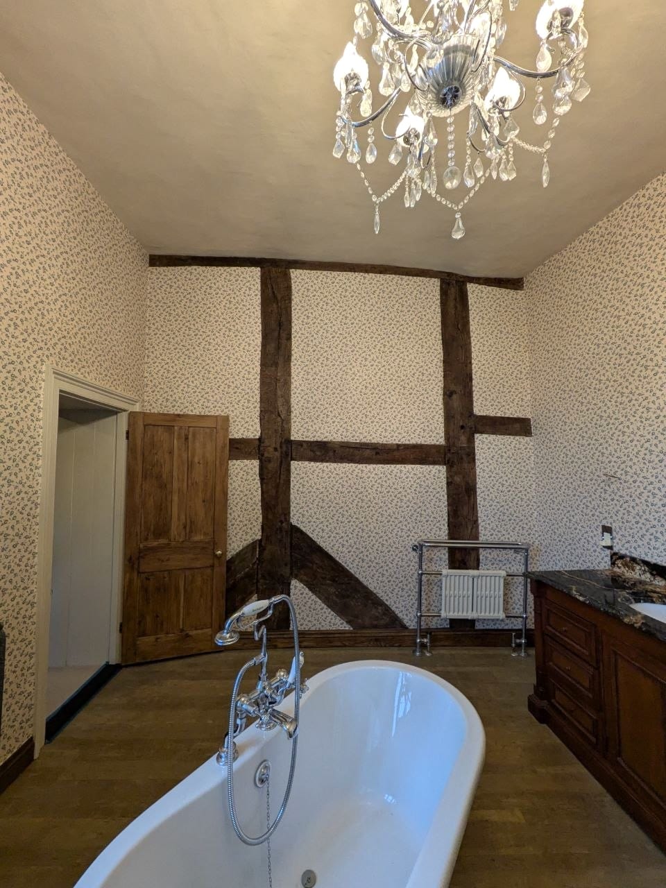 After - walls crossed lined and wallpapered.