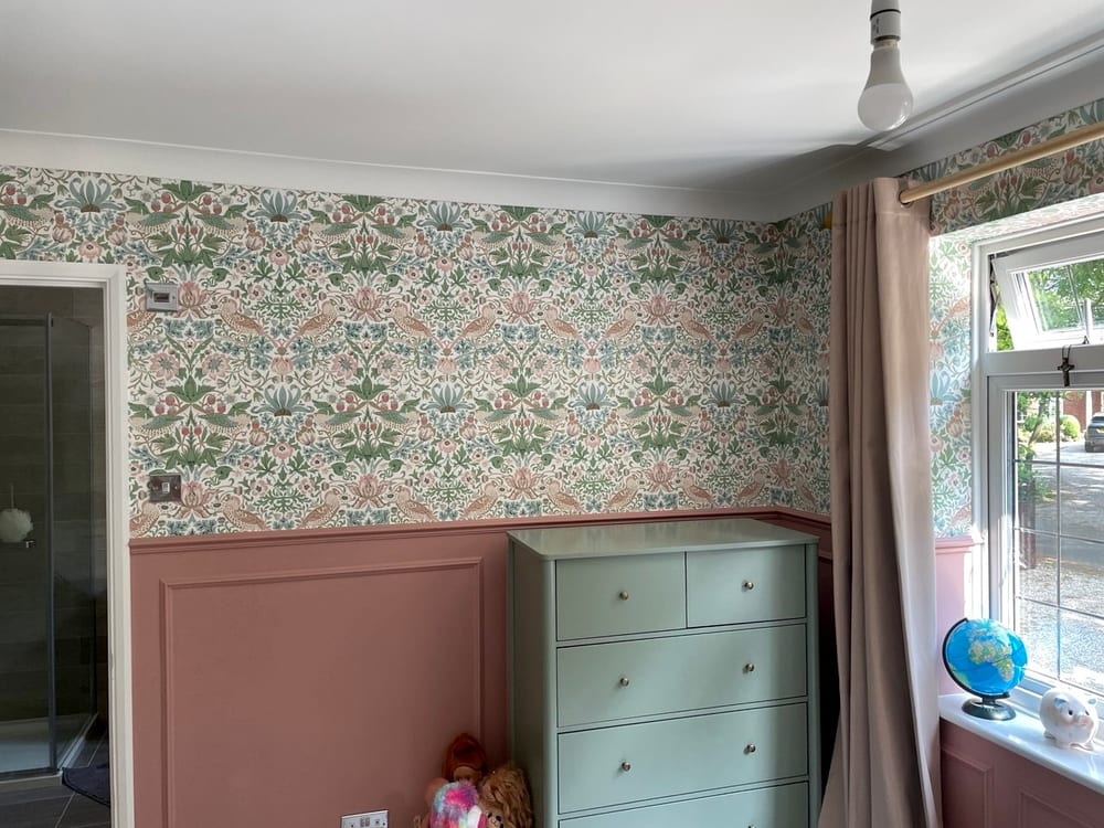 Panelling painted. Wallpaper - William Morris Strawberry Thief